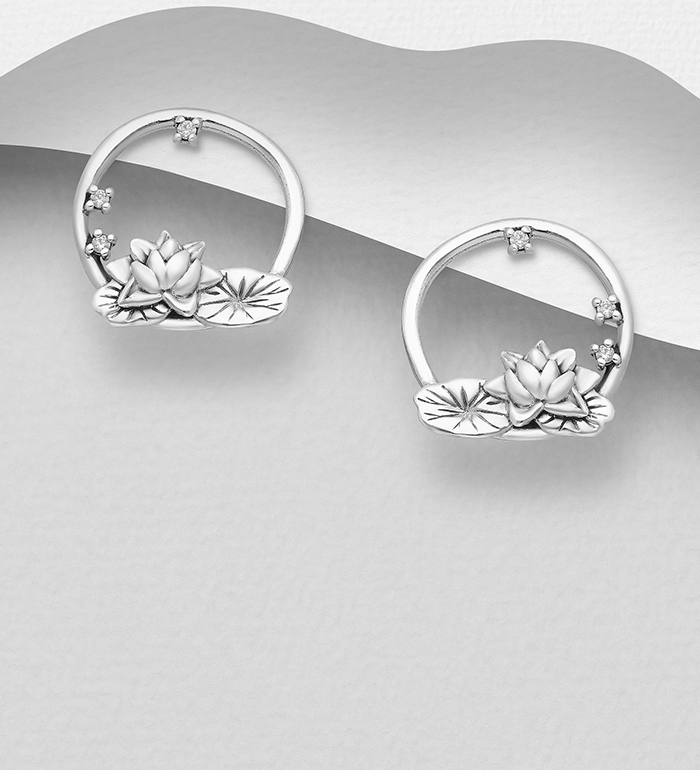 1063-2789 - 925 Sterling Silver Oxidized Lotus and Leaf Earrings, Decorated with CZ simulated Diamonds 