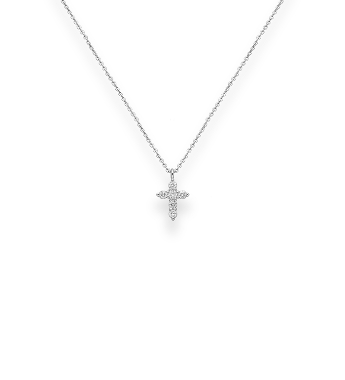 33-0088 - Cross Necklace in 18K White Gold, Decorated with Diamonds.