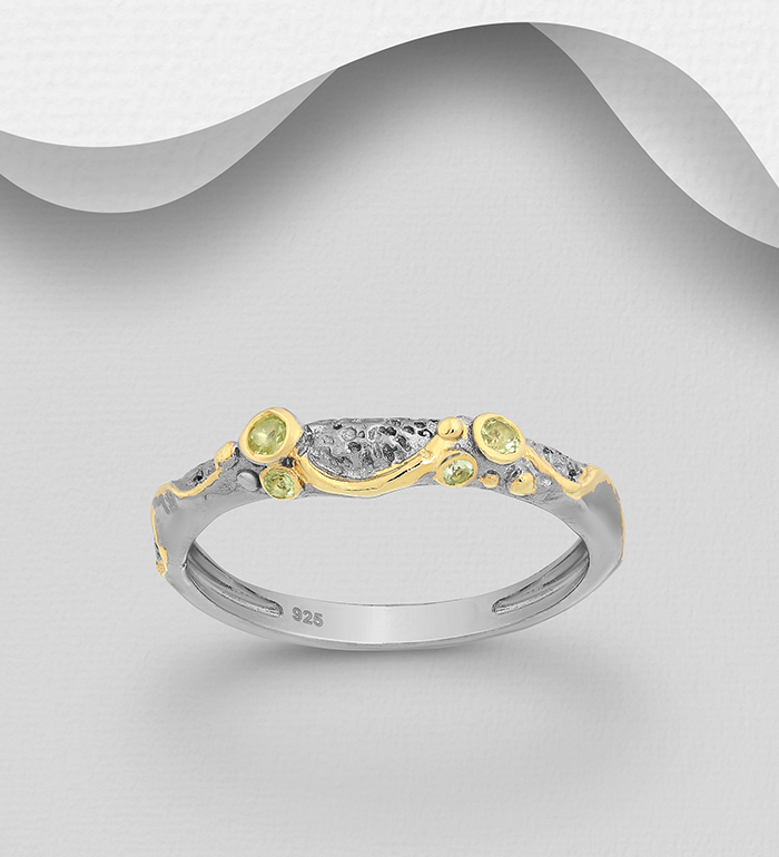 1916-127 - ADIORE JEWELS - Wholesale 925 Sterling Silver Band Ring, Decorated with Peridots, Plated with 3 Micron 22K Yellow Gold and Grey Ruthenium