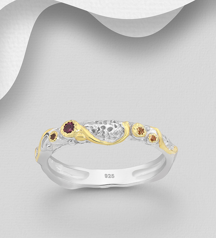 1916-129 - ADIORE JEWELS - Wholesale 925 Sterling Silver Ring, Decorated with Orange Sapphires and Rhodolites, Plated with 3 Micron 22K Yellow Gold and White Rhodium