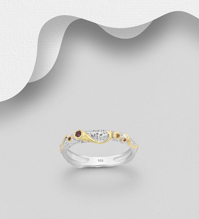 1916-129 - ADIORE JEWELS - 925 Sterling Silver Ring, Decorated with Orange Sapphires and Rhodolites, Plated with 3 Micron 22K Yellow Gold and White Rhodium
