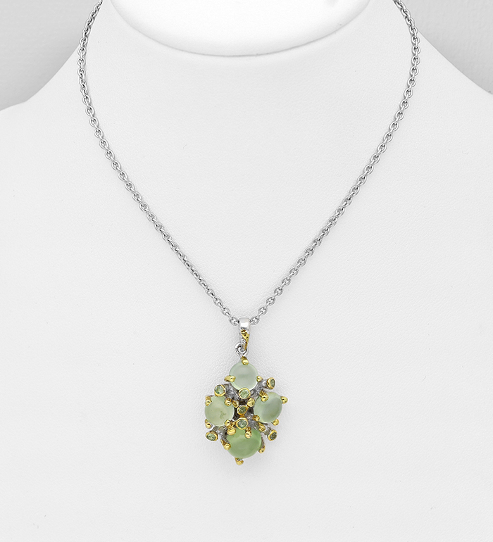 1916-140 - ADIORE JEWELS - 925 Sterling Silver Necklace, Decorated with Green Sapphires and Prehnites, Plated with 3 Micron 22K Yellow Gold and White Rhodium
