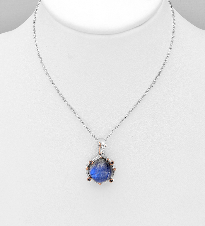 1916-142 - ADIORE JEWELS - Wholesale 925 Sterling Silver Necklace, Decorated with Blue Sapphires and Spectrolite, Plated with 3 Micron 22K Pink Gold and White Rhodium