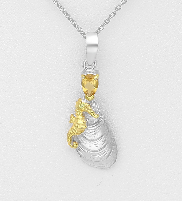 1916-143 - ADIORE JEWELS - Wholesale 925 Sterling Silver Seahorse Necklace, Decorated with Citrine and Green Sapphire, Plated with 3 Micron 22K Pink Gold and White Rhodium