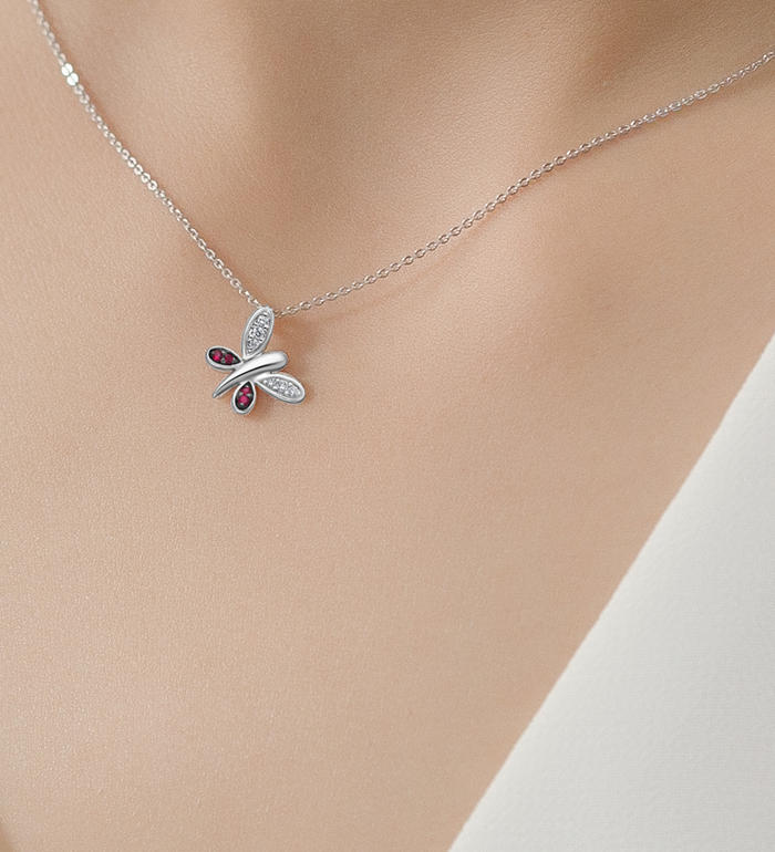 33-0090 - Wholesale Butteryfly Necklace in 18K White Gold, Decorated with Diamonds and Ruby.