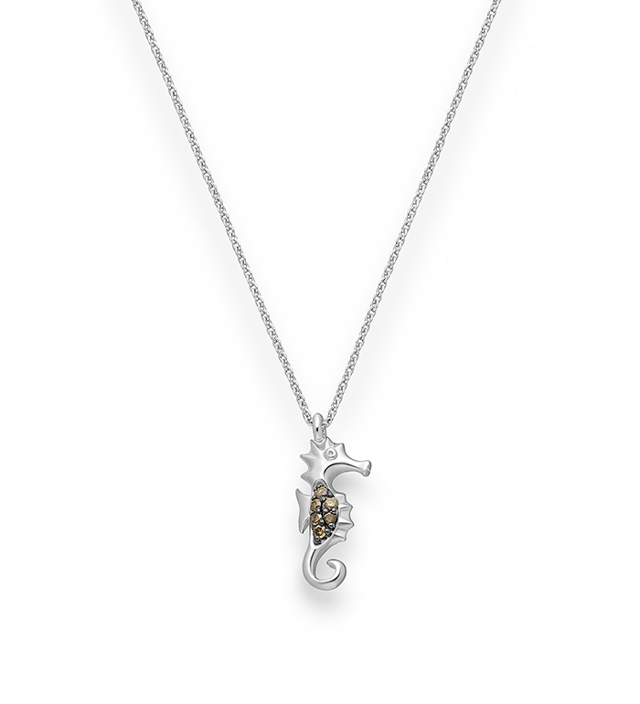 33-0091 - Wholesale Seahorse Necklace in 18K White Gold, Decorated with Brown Diamonds.