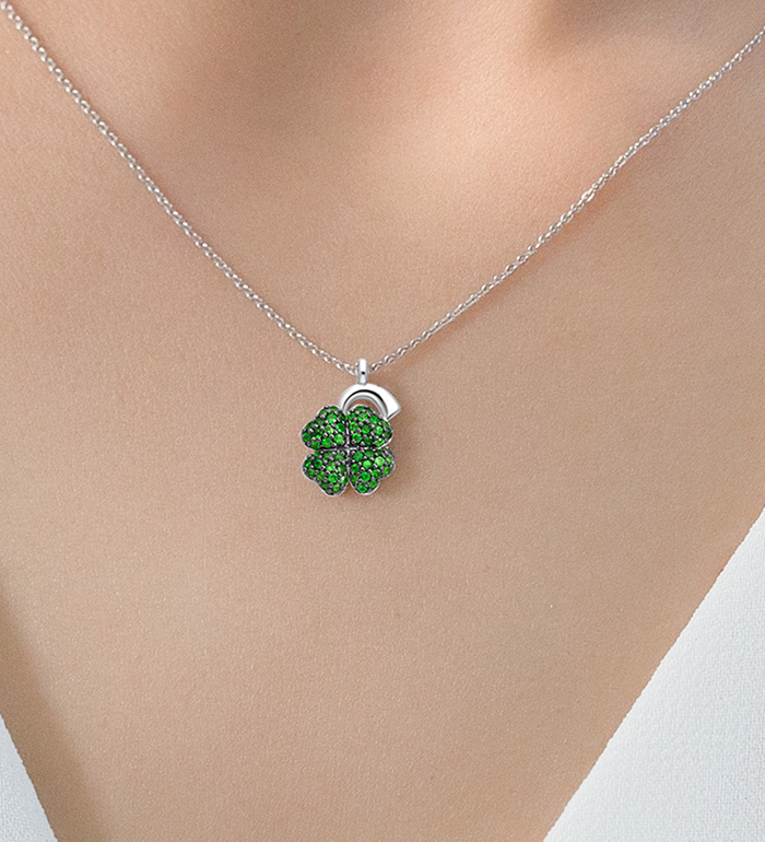 33-0092 - Wholesale Mini Clover Necklace in 18K White Gold, Decorated with Tsavorites
