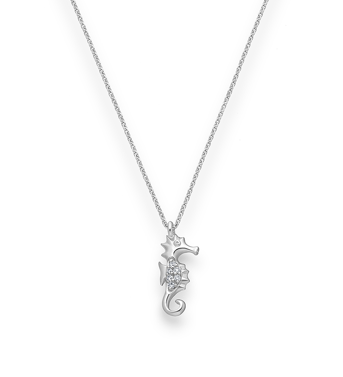 33-0094 - Wholesale Seahorse Necklace in 18K White Gold, Decorated with Diamonds.