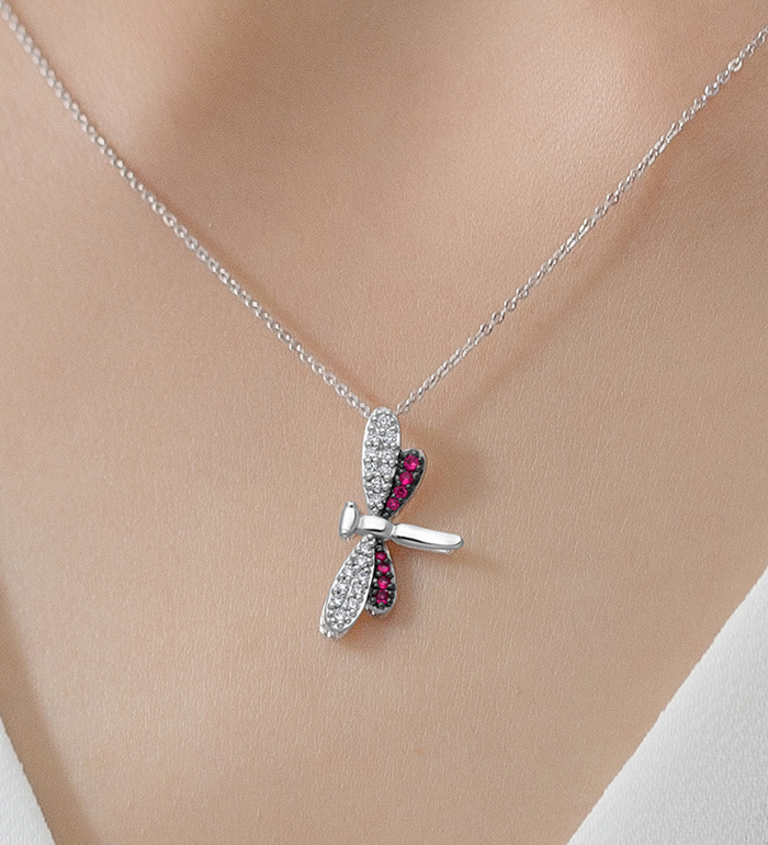 33-0095 - Wholesale Dragonfly Necklace in 18K White Gold, Decorated with Diamonds and Ruby.