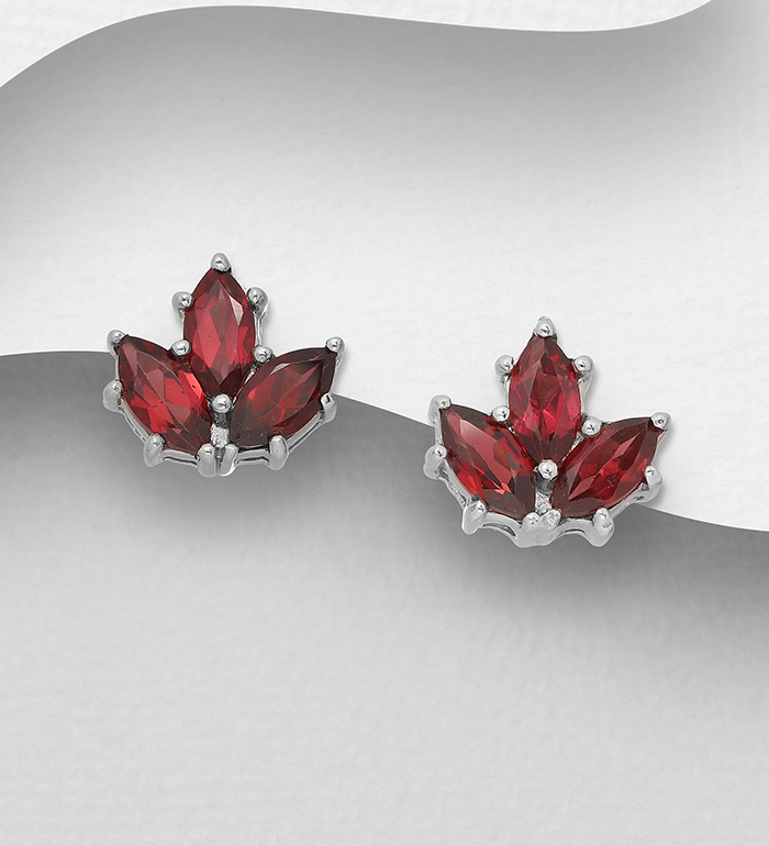 1181-3784 - La Preciada - 925 Sterling Silver Leaf Push-Back Earrings, Decorated with Various Gemstones