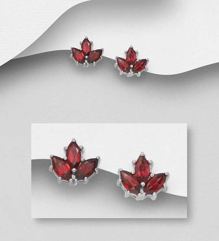 1181-3784 - La Preciada - 925 Sterling Silver Leaf Push-Back Earrings, Decorated with Various Gemstones