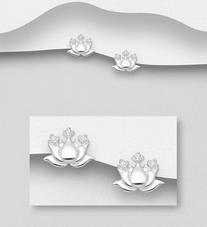 1063-2850 - 925 Sterling Silver Lotus Push-Back Earrings Decorated With CZ Simulated Diamonds