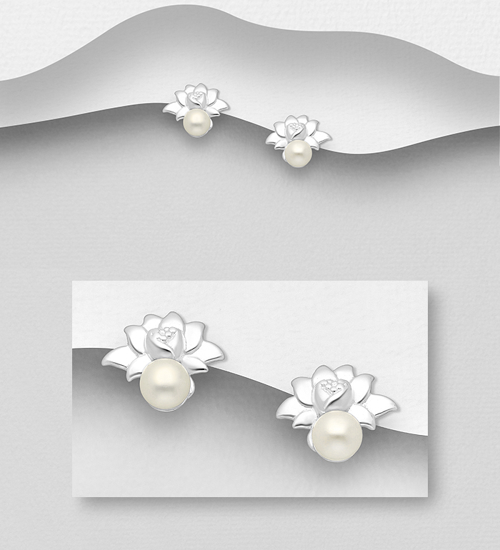 1063-2856 - 925 Sterling Silver Lotus Push-Back Earrings, Decorated with Freshwater Pearls 