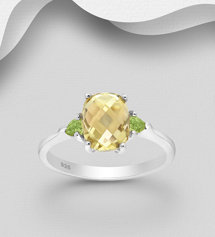 1181-3816 - La Preciada - 925 Sterling Silver Ring, Decorated with Lemon Quartz and Peridots 