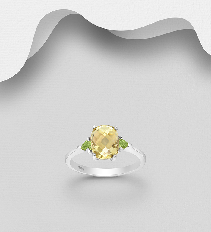 1181-3816 - La Preciada - 925 Sterling Silver Ring, Decorated with Lemon Quartz and Peridots 