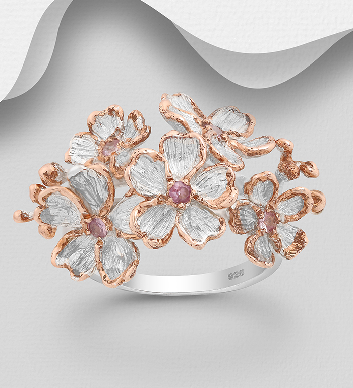 1916-192 - ADIORE JEWELS - Wholesale 925 Sterling Silver Flower Ring, Decorated with Pink Sapphires, Plated with 3 Micron 22K Pink Gold 