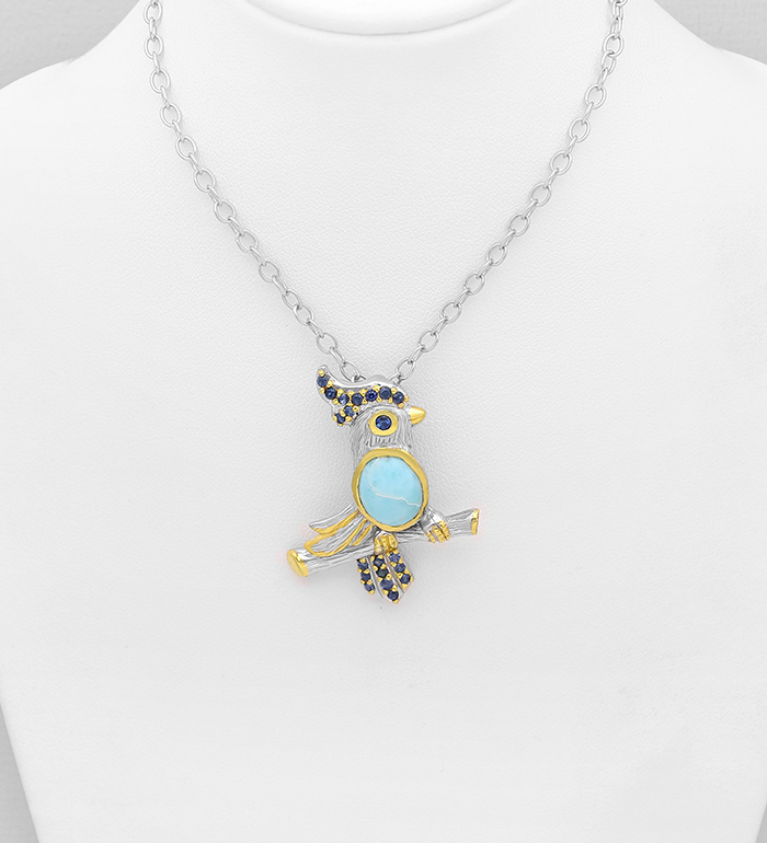 1916-195 - ADIORE JEWELS - Wholesale 925 Sterling Silver Parrot Necklace, Decorated with Larimar and Blue Sapphires, Plated with 3 Micron 22K Yellow Gold