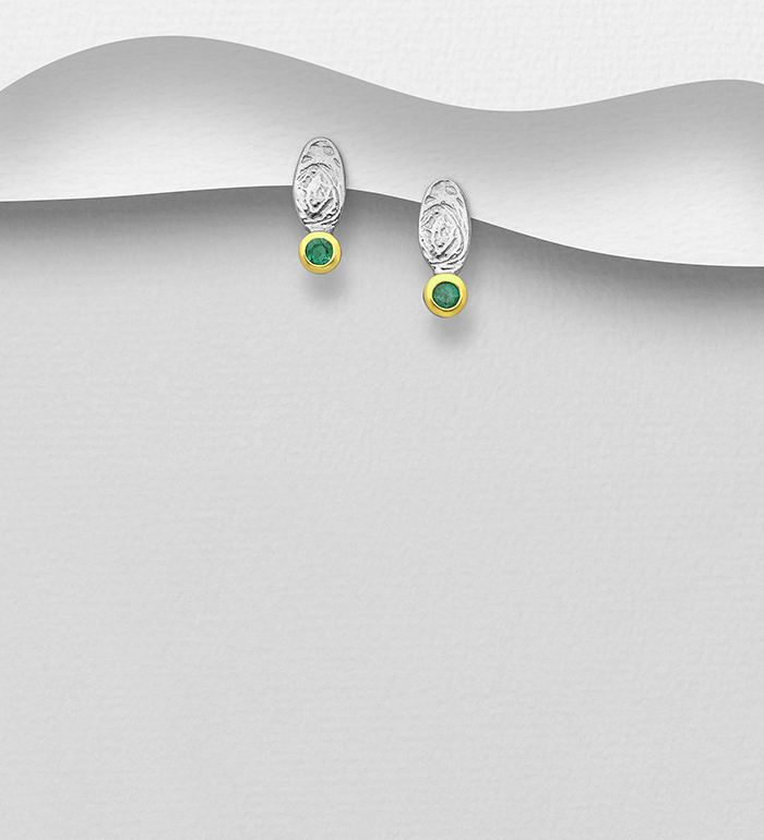 1916-199 - ADIORE JEWELS - 925 Sterling Silver Push-Back Earrings, Decorated with Emeralds, Plated with 3 Micron 22K Yellow Gold and Grey Ruthenium