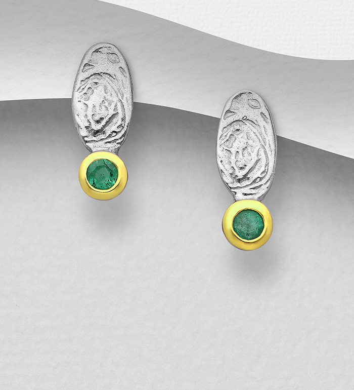 1916-199 - ADIORE JEWELS - 925 Sterling Silver Push-Back Earrings, Decorated with Emeralds, Plated with 3 Micron 22K Yellow Gold and Grey Ruthenium