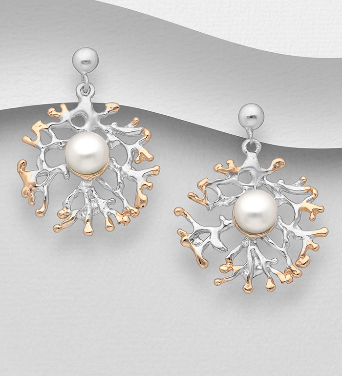 1916-204 - ADIORE JEWELS - 925 Sterling Silver Push-Back Earrings, Decorated with Freshwater Pearls, Plated with 3 Micron 22K Pink Gold