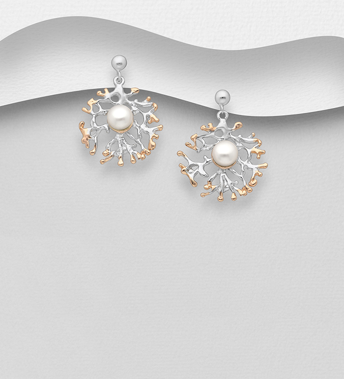 1916-204 - ADIORE JEWELS - 925 Sterling Silver Push-Back Earrings, Decorated with Freshwater Pearls, Plated with 3 Micron 22K Pink Gold