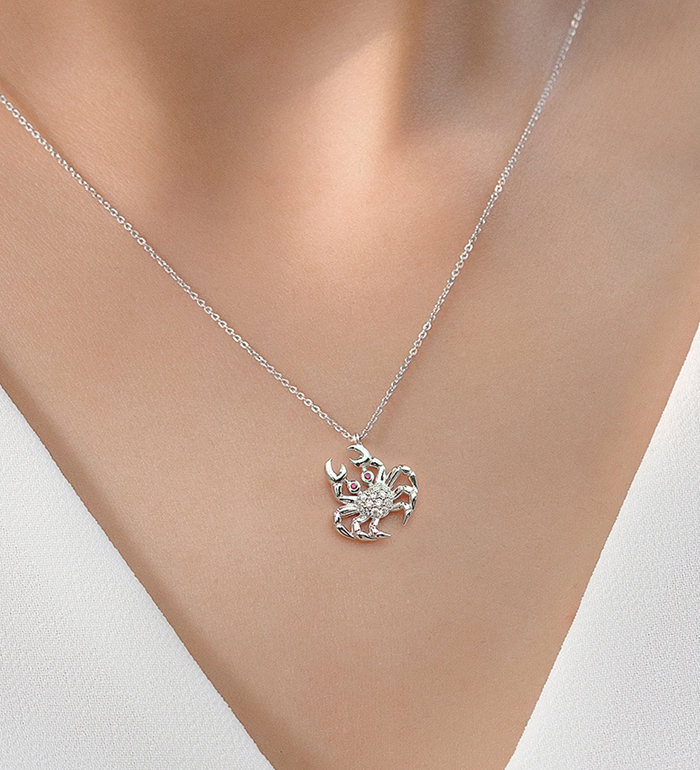 33-0107 - Wholesale Crab Necklace in 18K White Gold, Decorated with Diamonds and Ruby.