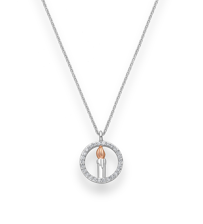 33-0108 - Candle Necklace in 18K White Gold, Flame Plated with Pink Gold, Decorated with Diamonds.