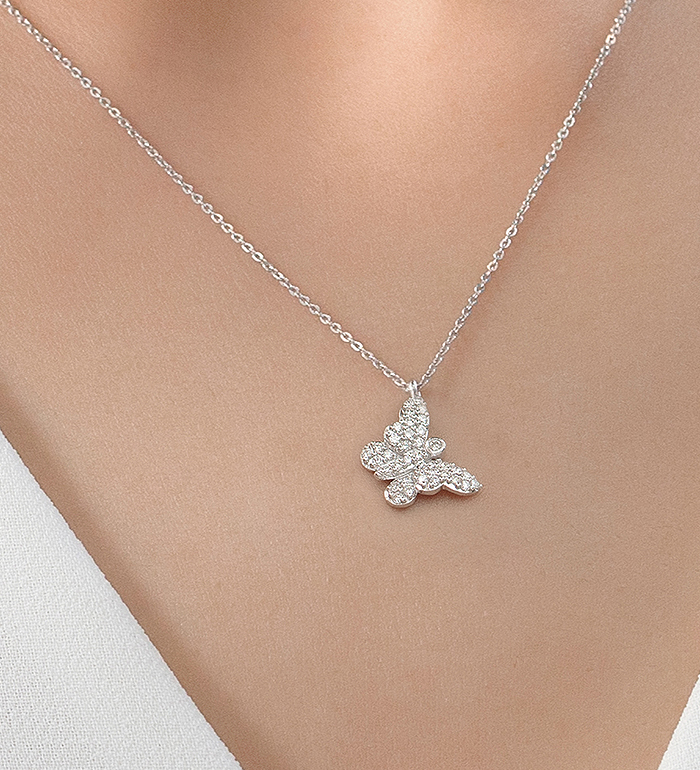 33-0110 - Wholesale Butterfly Necklace in 18K White Gold, Decorated with Diamonds.