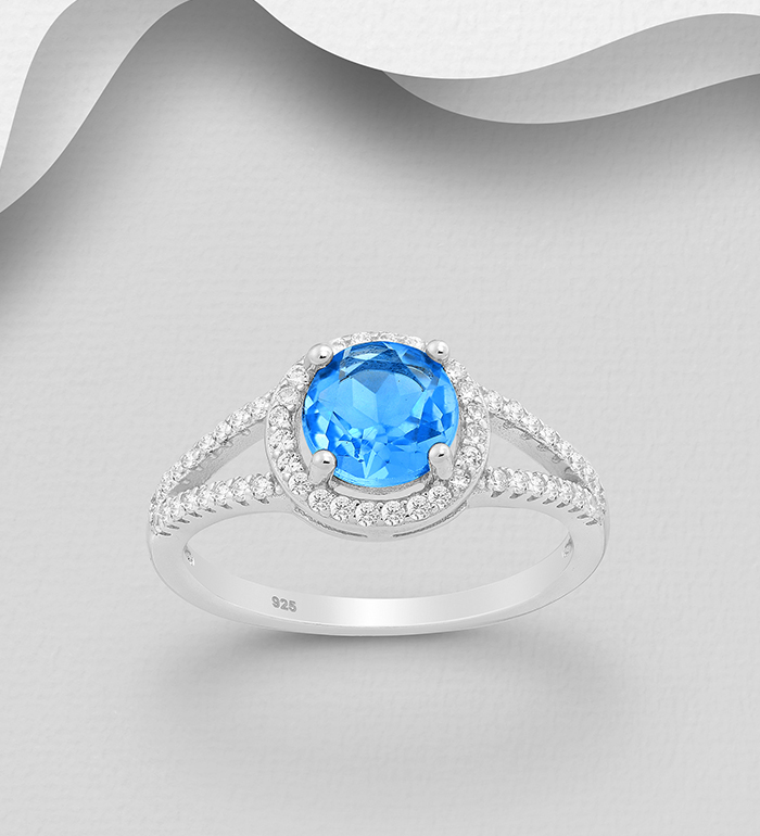 1181-3888 - La Preciada - 925 Sterling Silver Ring, Decorated with Swiss Blue Topaz and CZ Simulated Diamonds