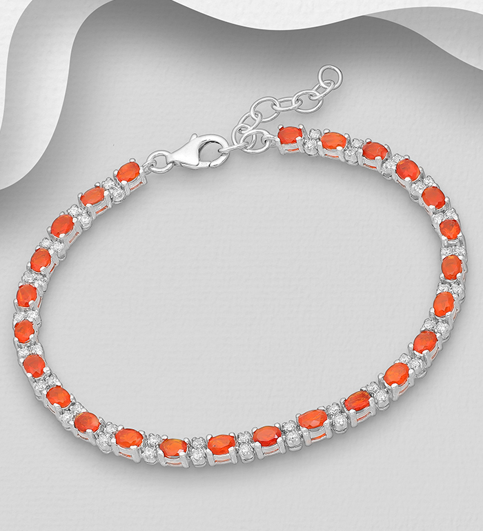 1181-3892 - La Preciada - 925 Sterling Silver Bracelet, Decorated with Fire Opal and CZ Simulated Diamonds