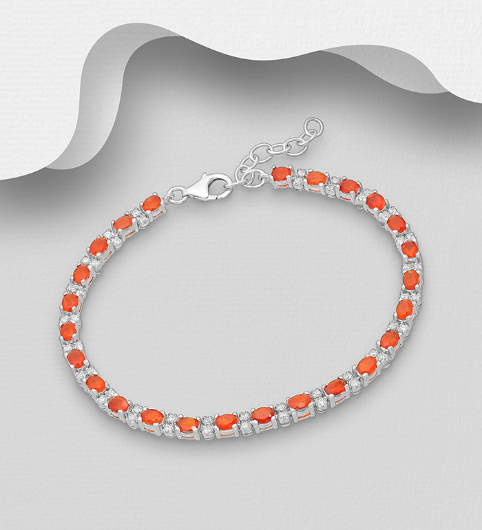 1181-3892 - La Preciada - 925 Sterling Silver Bracelet, Decorated with Fire Opal and CZ Simulated Diamonds