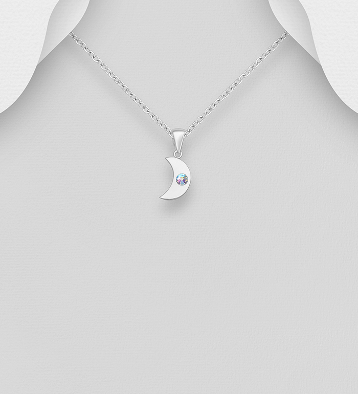 1583-517 - Sparkle by 7K - 925 Sterling Silver Moon Pendant, Decorated with Various Fine Austrian Crystal 