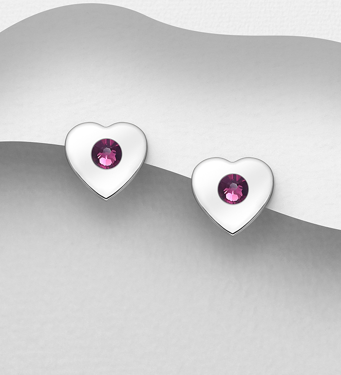 1583-541 - Sparkle by 7K - 925 Sterling Silver Heart Push-Back Earrings, Decorated with Various Fine Austrian Crystals
