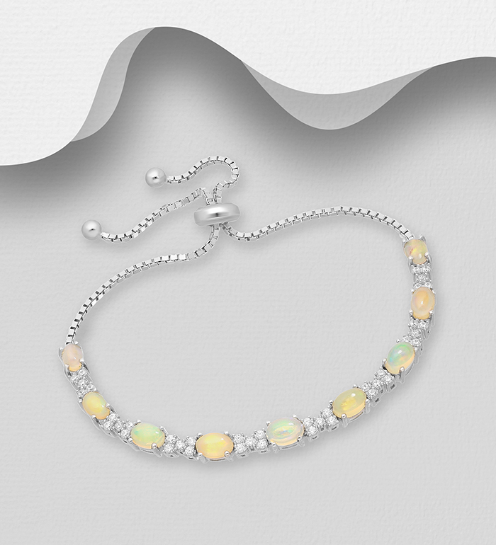 1181-3925 - La Preciada - 925 Sterling Silver Adjustable Bracelet, Decorated with Ethiopian Opals and CZ Simulated Diamonds