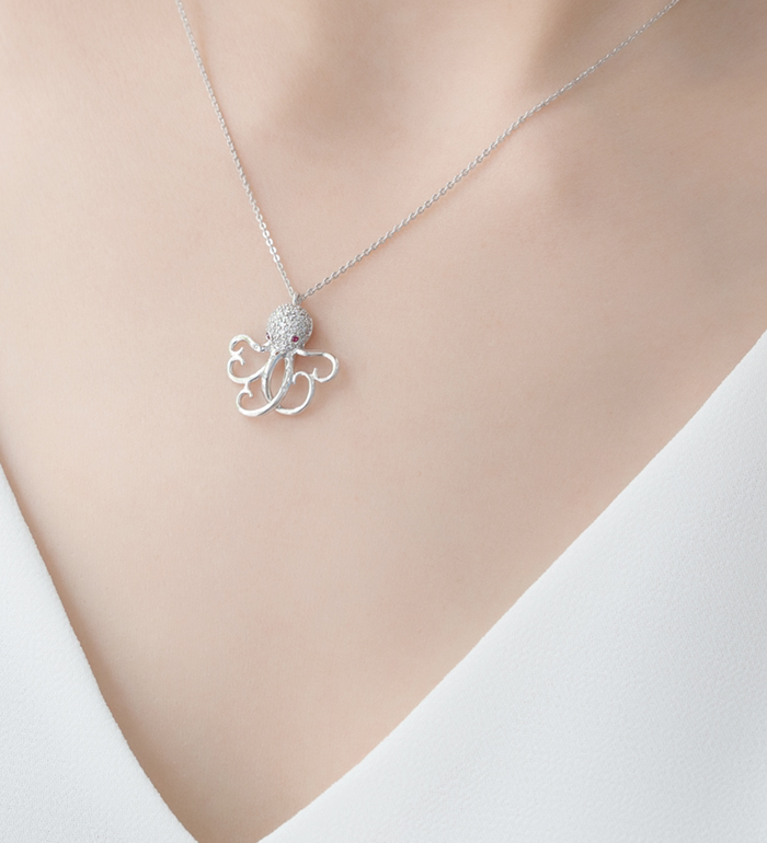 33-0117 - Wholesale Octopus Necklace in 18K White Gold, Decorated with Ruby and Diamonds