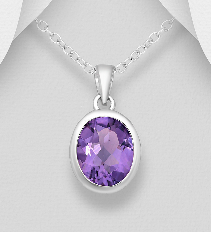 1181-3943 - La Preciada - Wholesale 925 Sterling Silver Oval-Shaped Pendant, Decorated with Amethyst