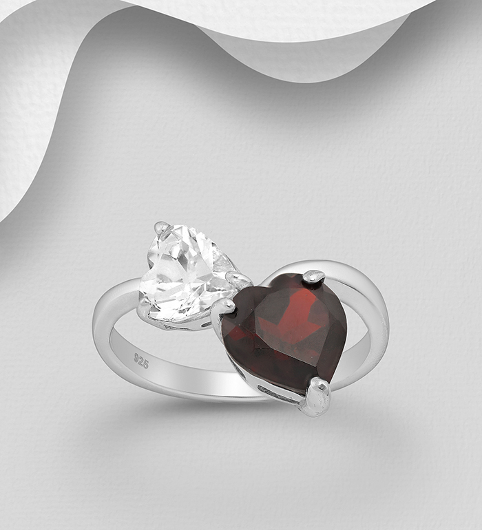 1181-3956 - La Preciada - 925 Sterling Silver Heart Ring, Decorated with Garnet and White Topaz 