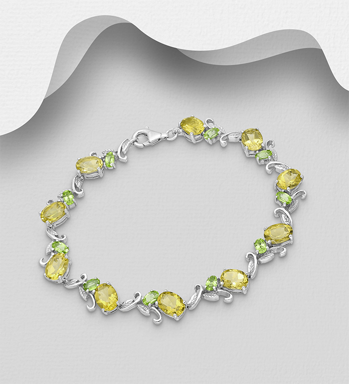 1181-3960 - La Preciada - 925 Sterling Silver Leaf Bracelet, Decorated with Gemstones