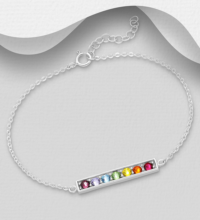 1583-556 - Sparkle by 7K - 925 Sterling Silver Bar Bracelet, Decorated with Various Colors Fine Austrian Crystal, Crystal Colors may Vary.