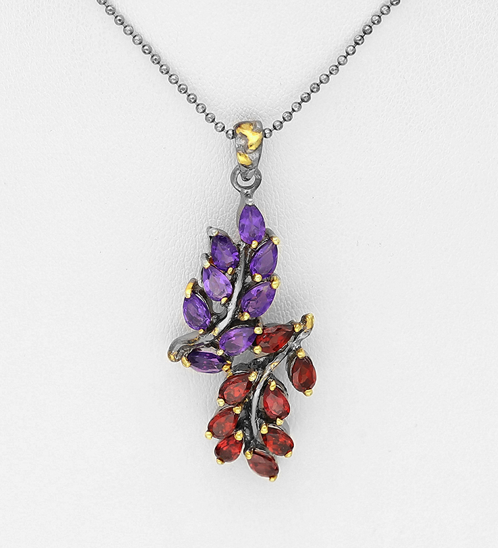 1916-222 - ADIORE JEWELS - 925 Sterling Silver Leaf Necklace, Decorated with Amethysts and Garnets, Plated with 3 Micron 22K Yellow Gold and Grey Ruthenium 