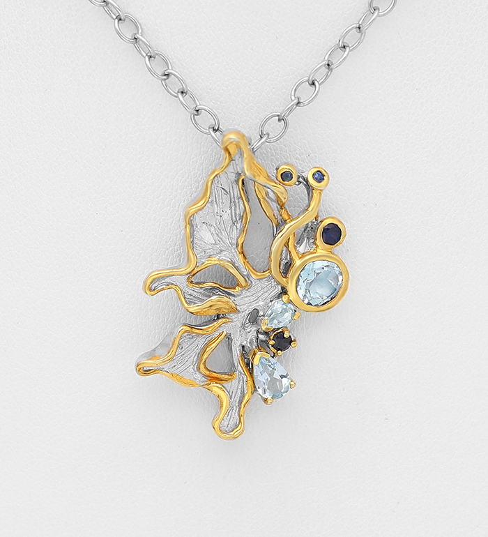1916-223 - ADIORE JEWELS - Wholesale 925 Sterling Silver Necklace, Decorated with Blue Sapphires and Sky-Blue Topaz, Plated with 3 Micron 22K Yellow Gold and White Rhodium 