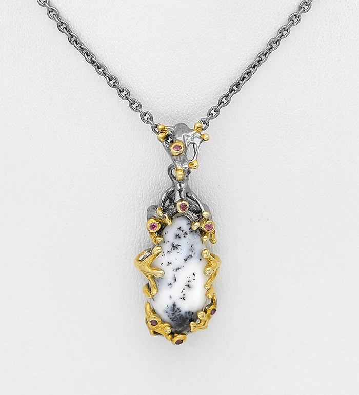 1916-224 - ADIORE JEWELS - 925 Sterling Silver Necklace, Decorated with Dendritic Opal and Rhodolites, Plated with 3 Micron 22K Yellow Gold and Grey Ruthenium 