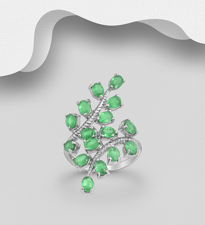 1181-3968 - La Preciada - 925 Sterling Silver Leaf Ring, Decorated with Various Gemstones