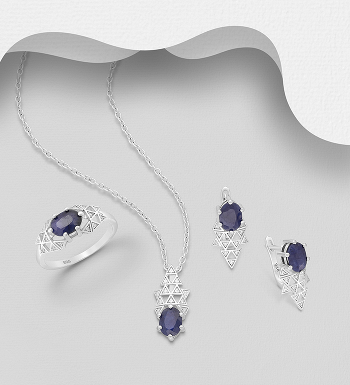 1181-3977 - La Preciada - 925 Sterling Silver Omega Lock Earrings, Pendant and Ring Jewelry Set, Decorated with Various Gemstones and CZ Simulated Diamonds