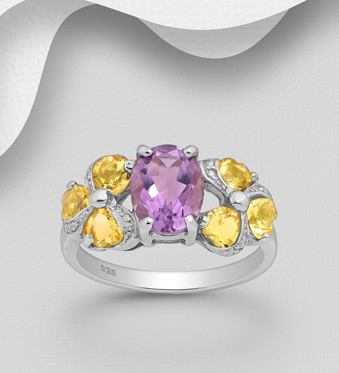 1181-3985 - La Preciada - Wholesale 925 Sterling Silver Ring, Decorated with Amethyst and Citrines