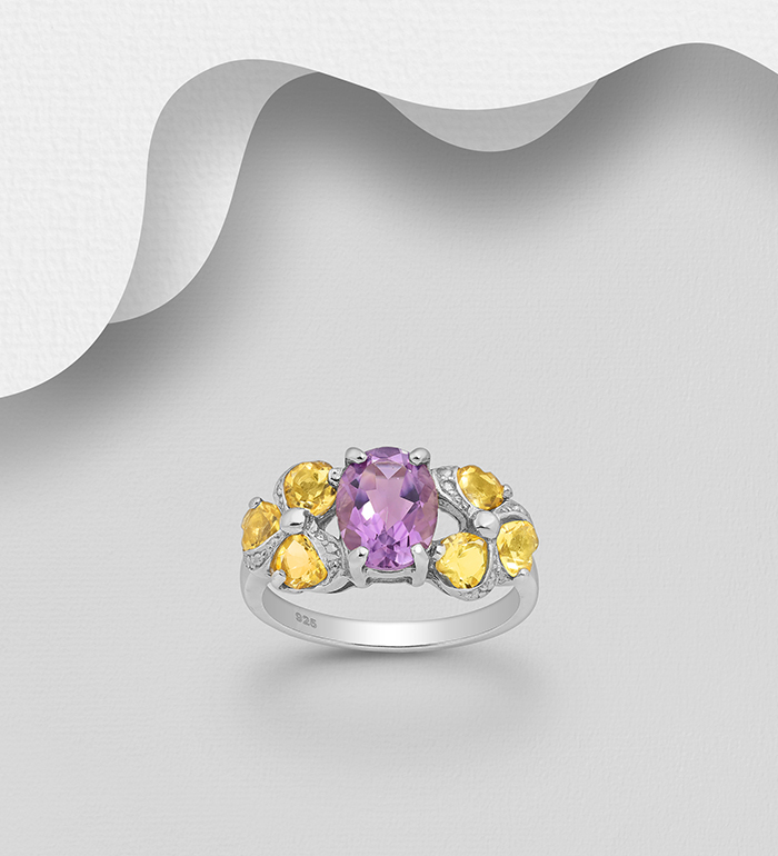 1181-3985 - La Preciada - 925 Sterling Silver Ring, Decorated with Amethyst and Citrines