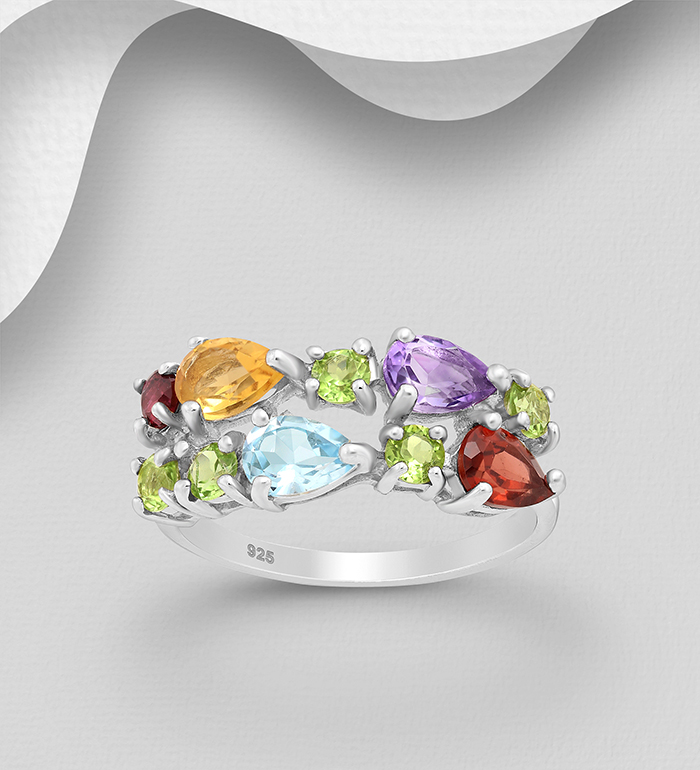 1181-3986 - La Preciada - Wholesale 925 Sterling Silver Ring, Decorated with Various Gemstones, Gemstone Colors may Vary.