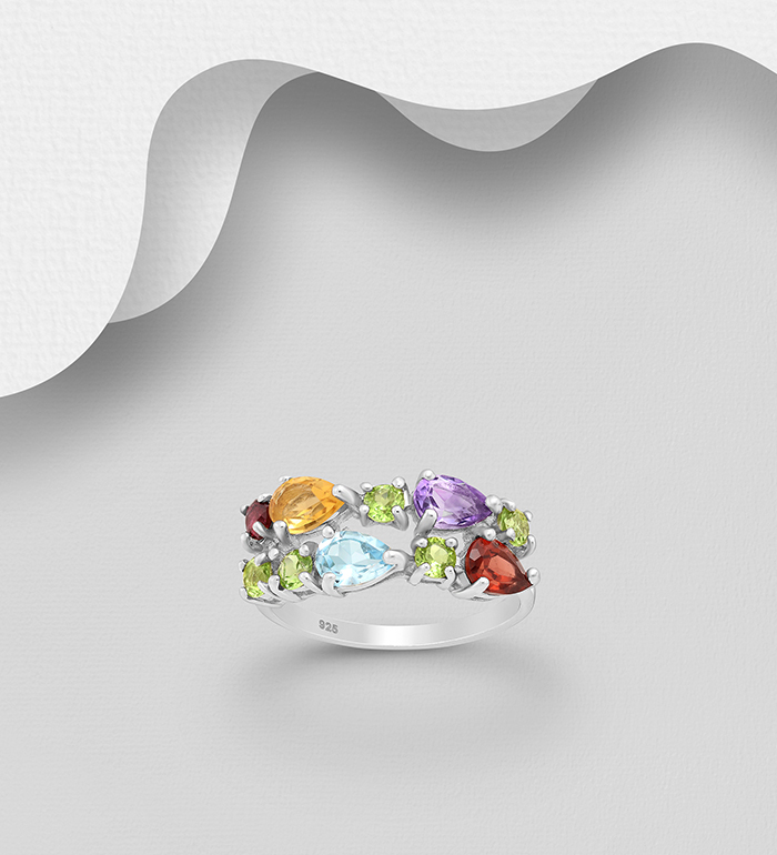1181-3986 - La Preciada - 925 Sterling Silver Ring, Decorated with Various Gemstones, Gemstone Colors may Vary.