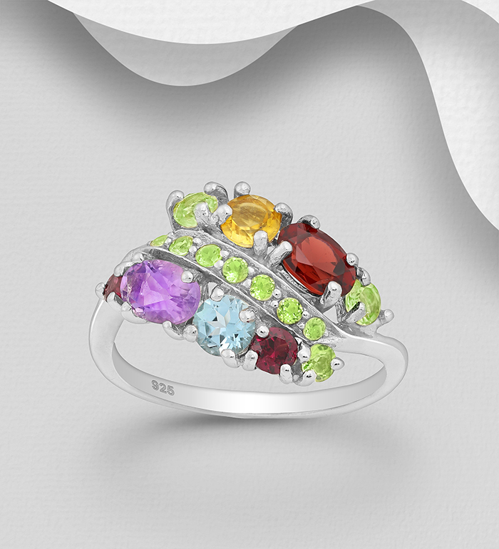 1181-3987 - La Preciada - 925 Sterling Silver Ring, Decorated with Amethyst, Citrine, Garnet, Peridot and Sky-Blue Topaz, Gemstone Colors may Vary.