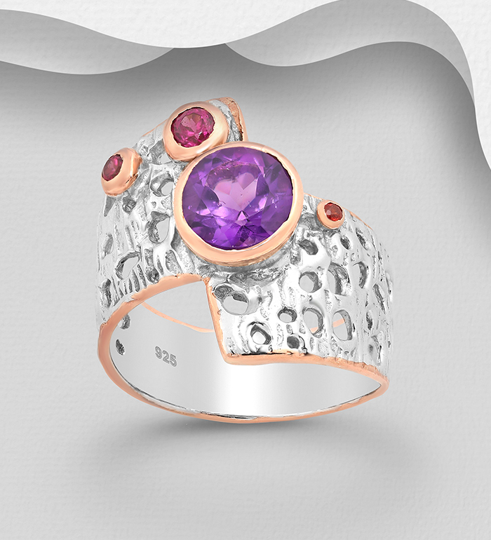 1916-225 - ADIORE JEWELS - Wholesale 925 Sterling Silver Ring, Decorated with Red Sapphire, Amethyst and Rhodolite, Plated with 3 Micron 22K Pink Gold and White Rhodium